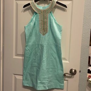 Lily dress with gold brocade collar & embellished